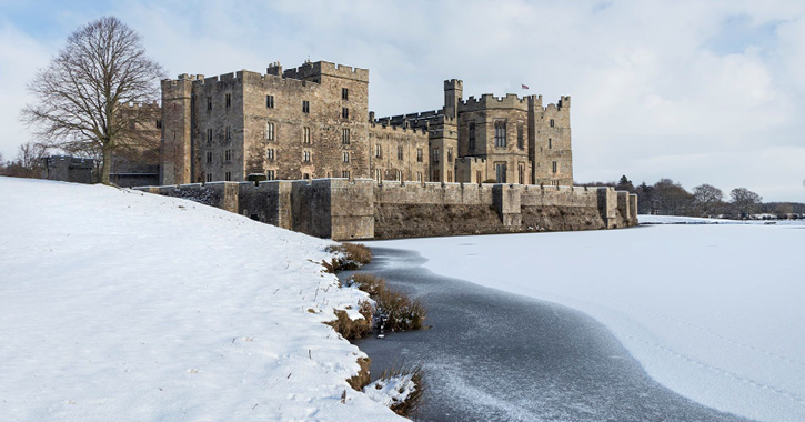 Raby Castle covered in snow in the Durham Dales